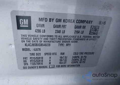 2016 Buick Encore Convenience from USA, damaged, VIN KL4CJBSBXGB548228